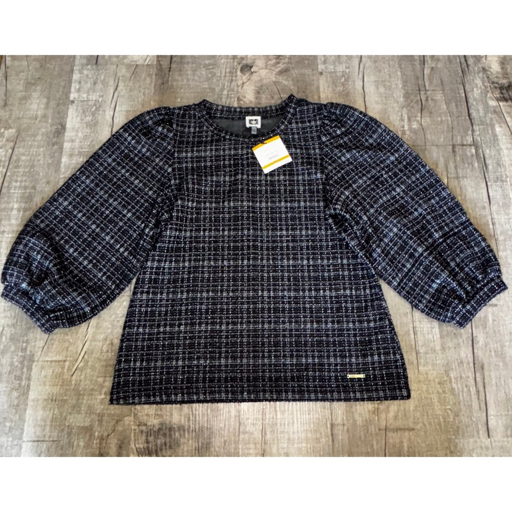 Anne Klein Tweed Puff Sleeve Top Black White Plaid Balloon Sleeve Blouse NWT